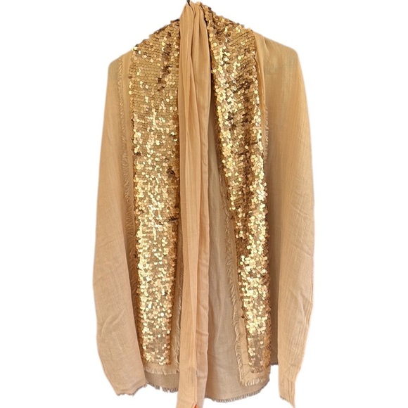 Tory Burch Accessories - NWT Tory Burch Silk / Wool Sequined Shawl Scarf Gold Tan Retail $275.00